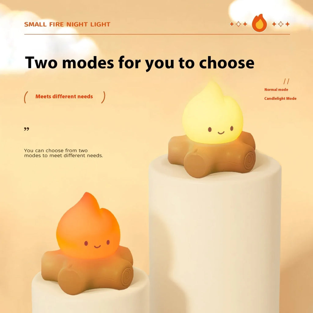 Cartoon silicone small fire pile night lamp showing yellow light illumination with ABS shade
