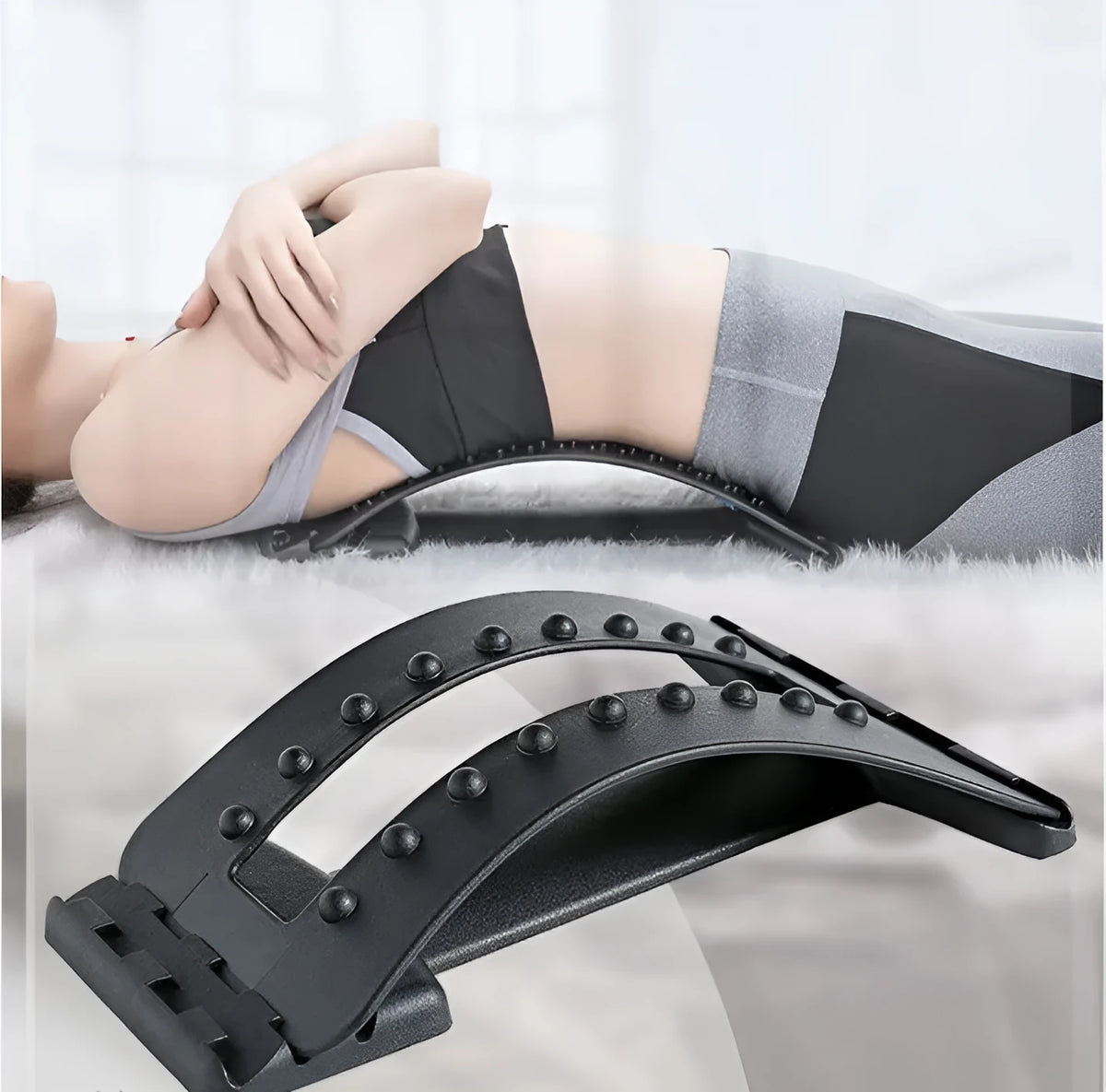 Lumbar orthosis for disc protrusion with adjustable height and acupressure pins on black background