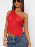 Women's apricot lace backless sleeveless vest top with asymmetrical neckline on a hanger.