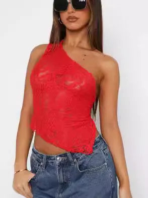 Women's apricot lace backless sleeveless vest top with asymmetrical neckline on a hanger.