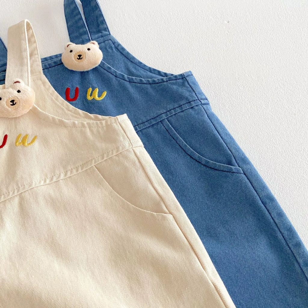 Children's cotton suspender jeans overalls in almond beige for girls, mid-waist style