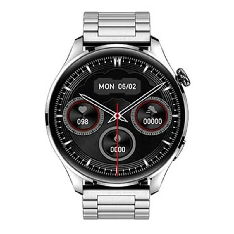 Black smartwatch with round colour screen on a silicone strap, showing calling interface.