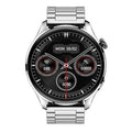 Black smartwatch with round colour screen on a silicone strap, showing calling interface.