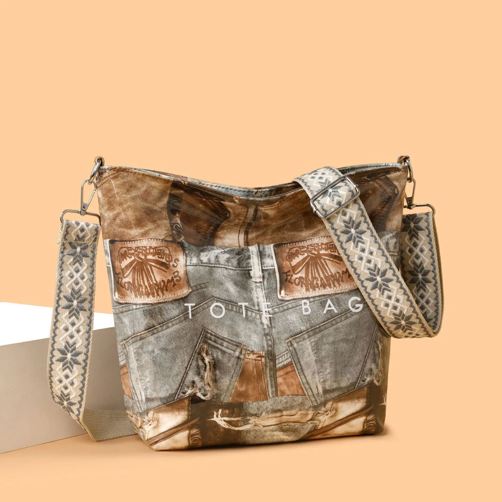 Large capacity retro patchwork PVC tote bag in pink with sandwich pocket and single shoulder strap