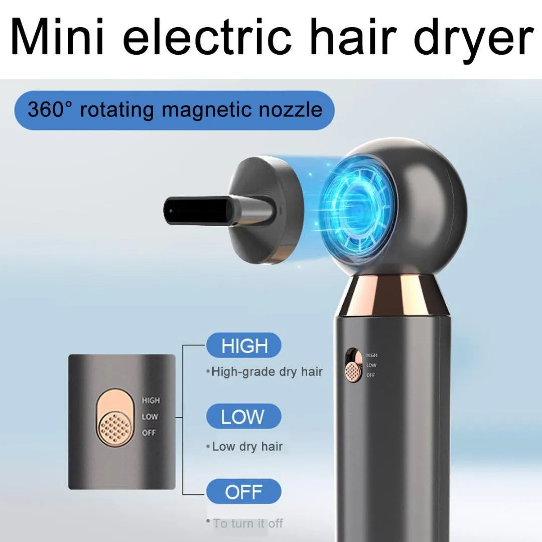 Compact leafless portable hair dryer with diffuser accessory, 20cm size, and ionic technology.