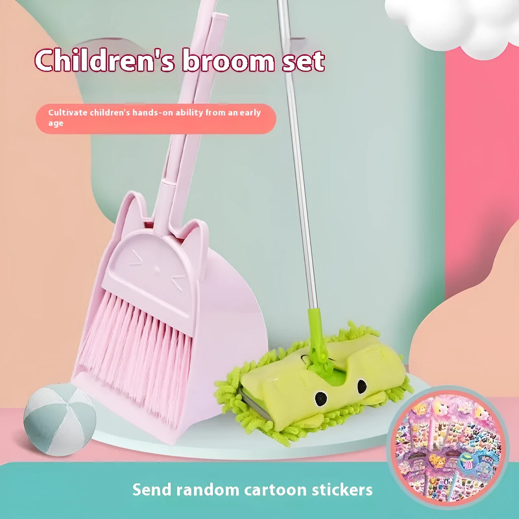Purple plastic broom and dustpan set with rotating brush holder attachment