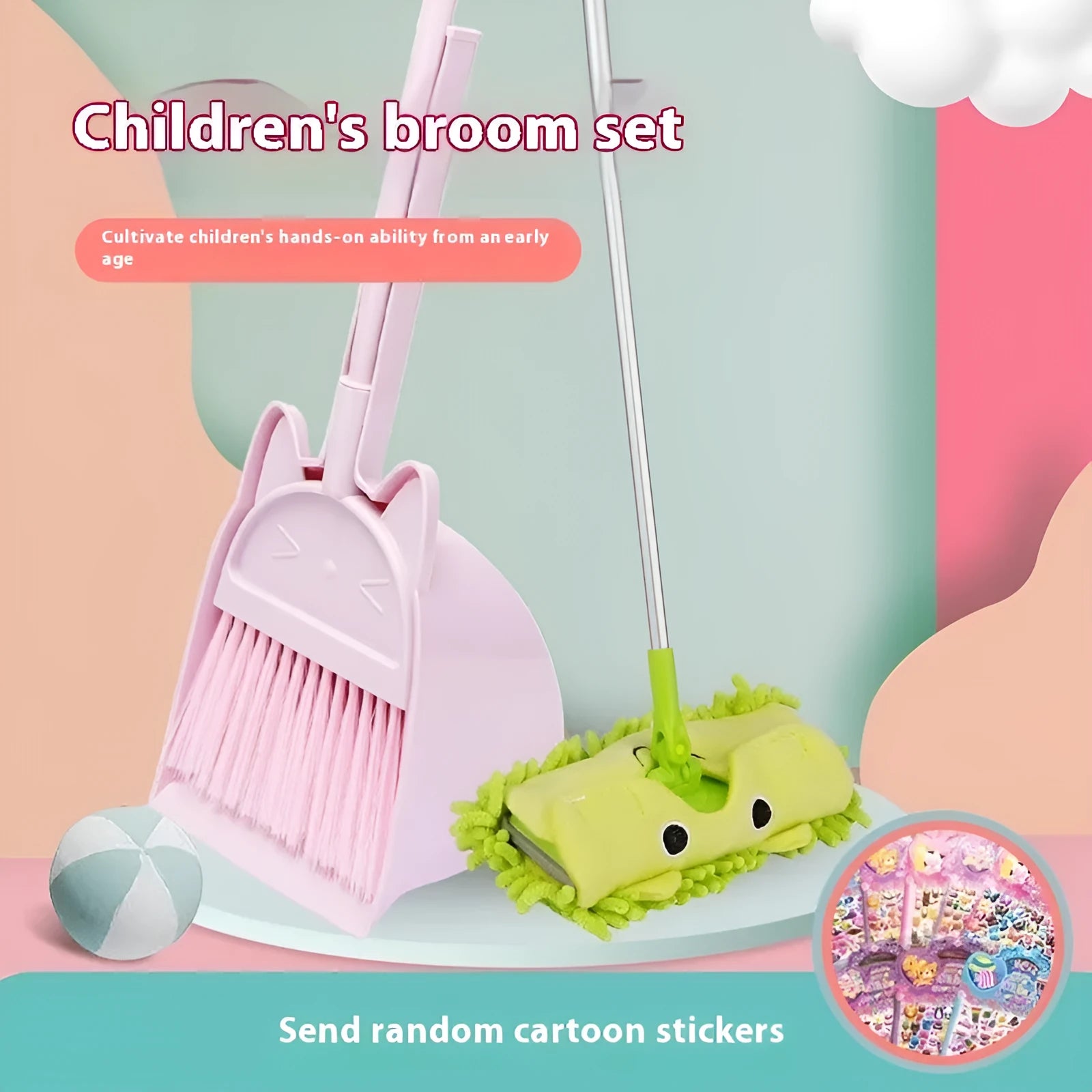 Purple plastic broom and dustpan set with rotating brush holder attachment