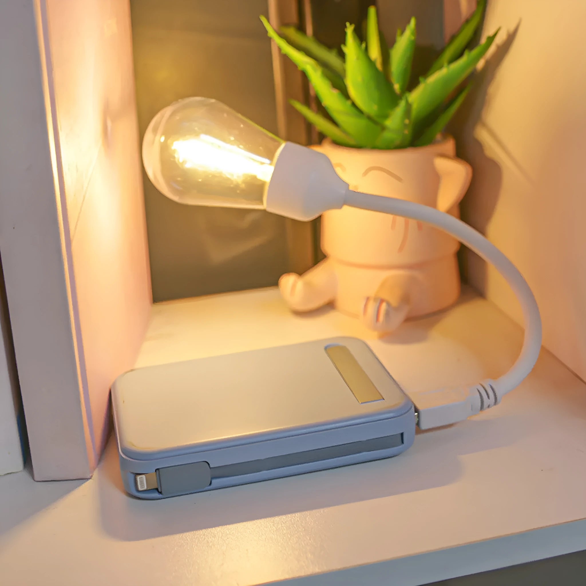 USB rechargeable folding night light with tungsten S14 bulb in warm white colour