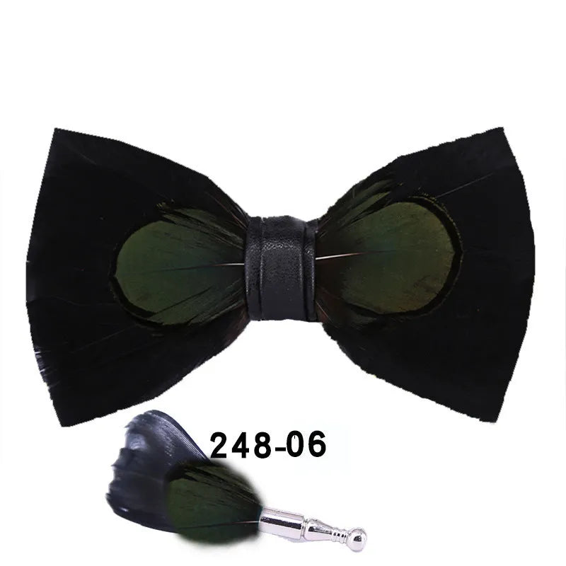 Handmade feather bow tie in polyester yarn, flat head style, 12cm x 6cm, unisex adult size