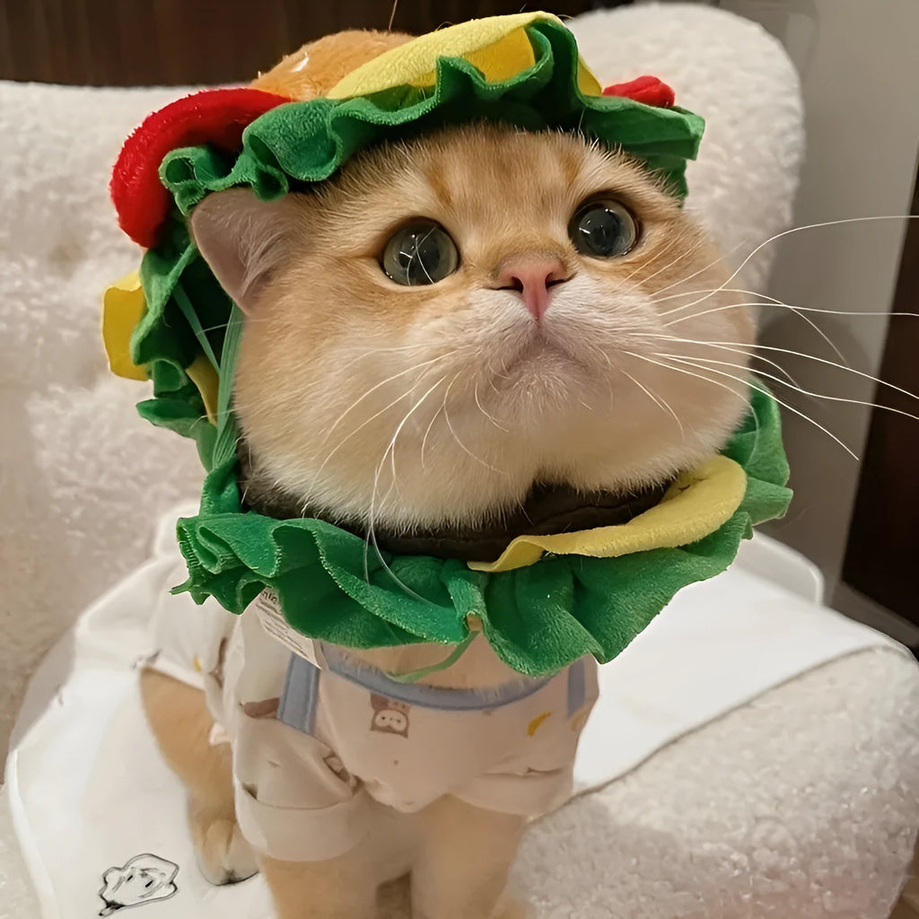 Burger-themed headdress collar for cats on adjustable cone base in three sizes