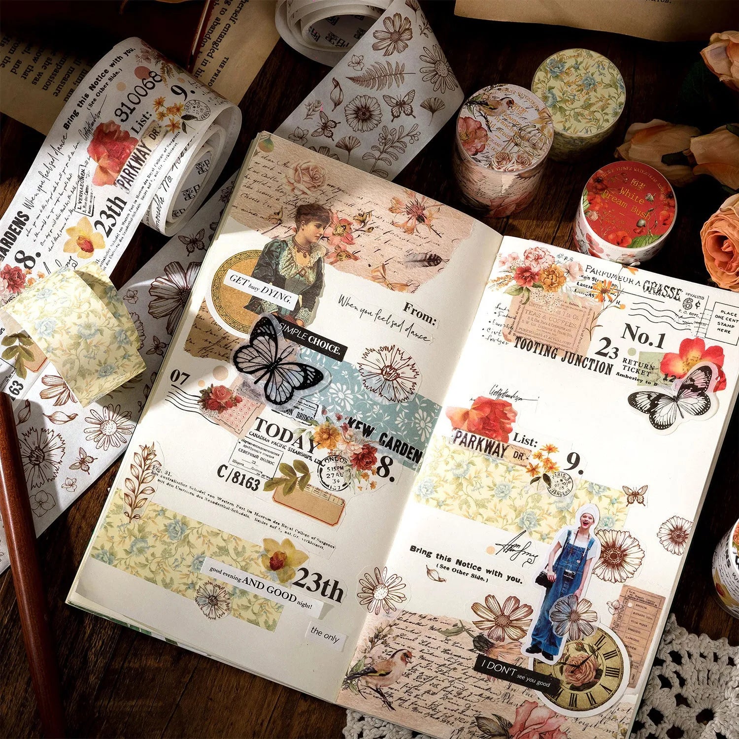 Japanese washi paper decorative adhesive tape roll with vintage floral watercolour design, showing 2 metre length and width options