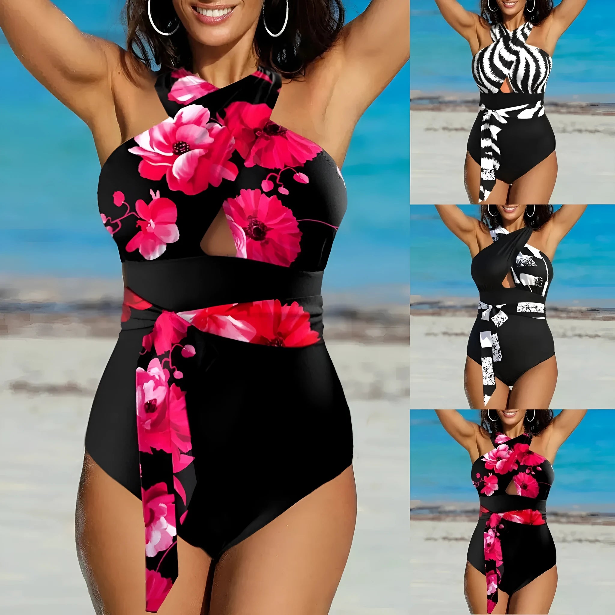 Plus size spaghetti strap one-piece swimsuit in red flower pattern, polyester, sizes M to XXXL, for swimming and water sports.