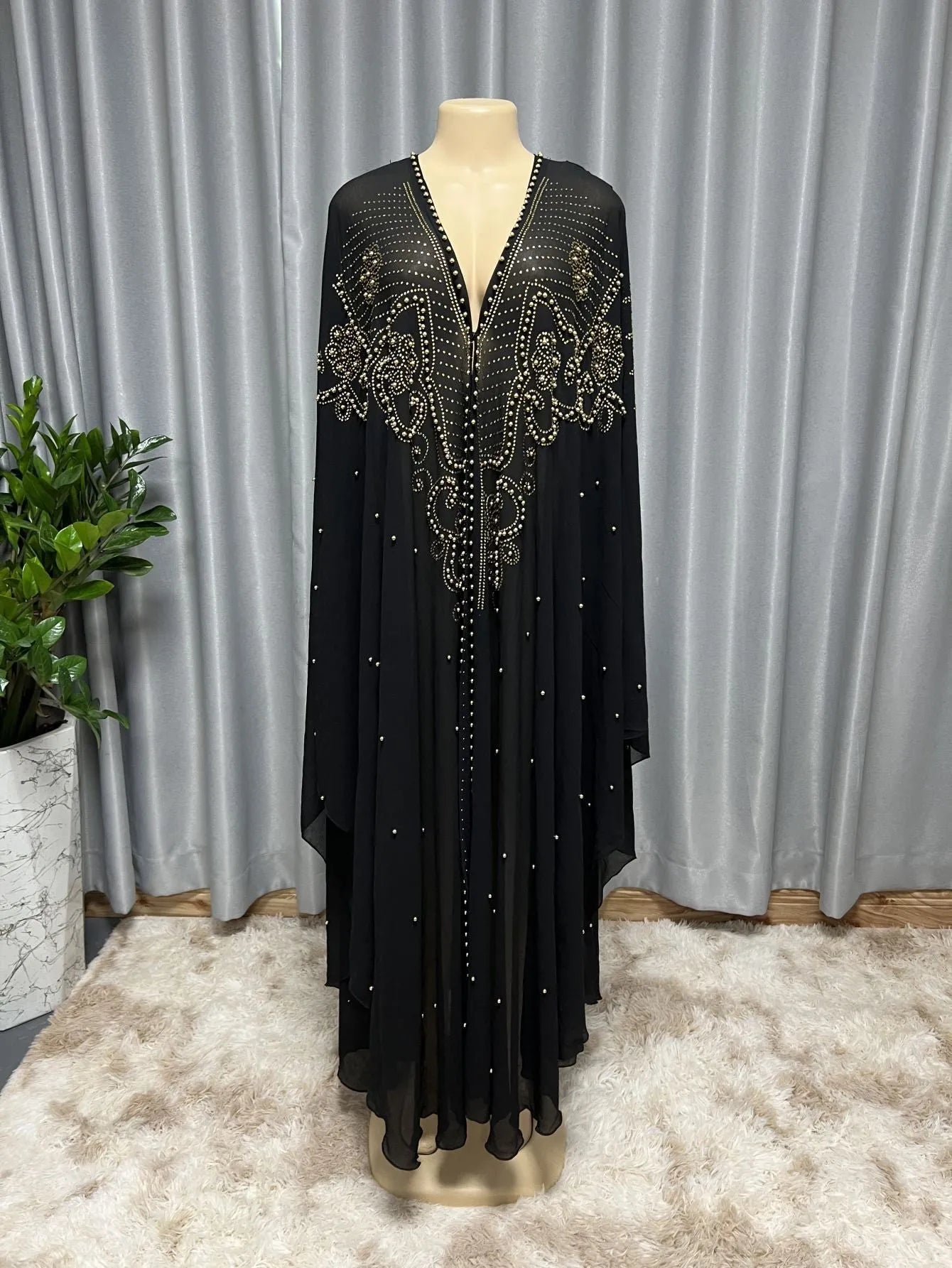 Purple chiffon cape shawl with rhinestone bead detailing and adjustable 135-175cm length
