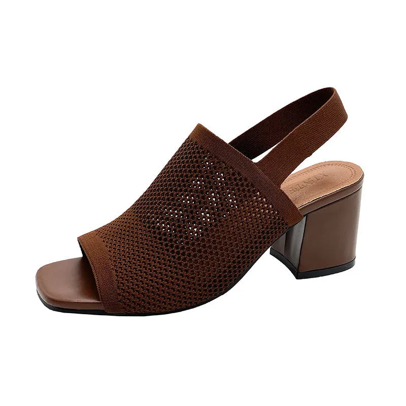 Women's flyknit chunky heel sandals with square toe, mesh upper, rubber sole, black, sizes 35-42