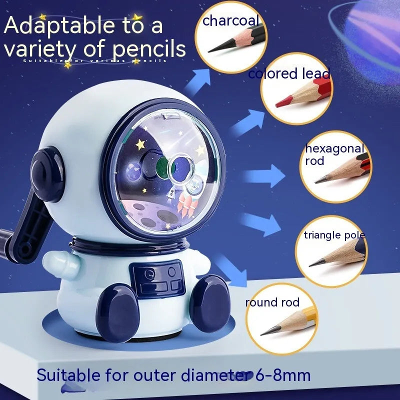 Blue cartoon astronaut manual pencil sharpener with adjustable blades on a white background.