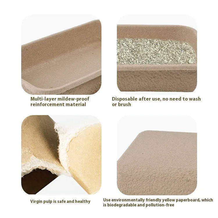 Brown disposable biodegradable cat litter box showing three size options for waterproof temporary use