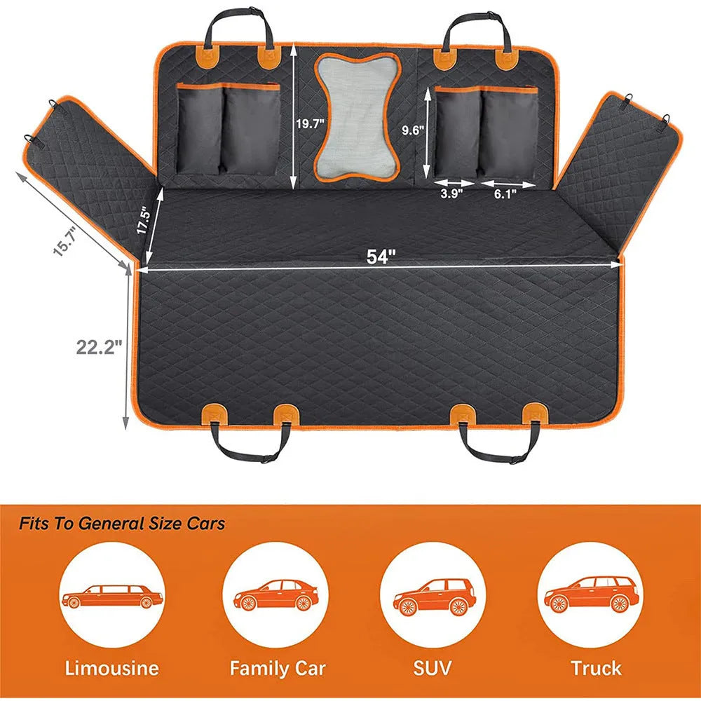 Black dog car seat cover with orange edge, shown as a hammock and flat protector on a car rear seat.