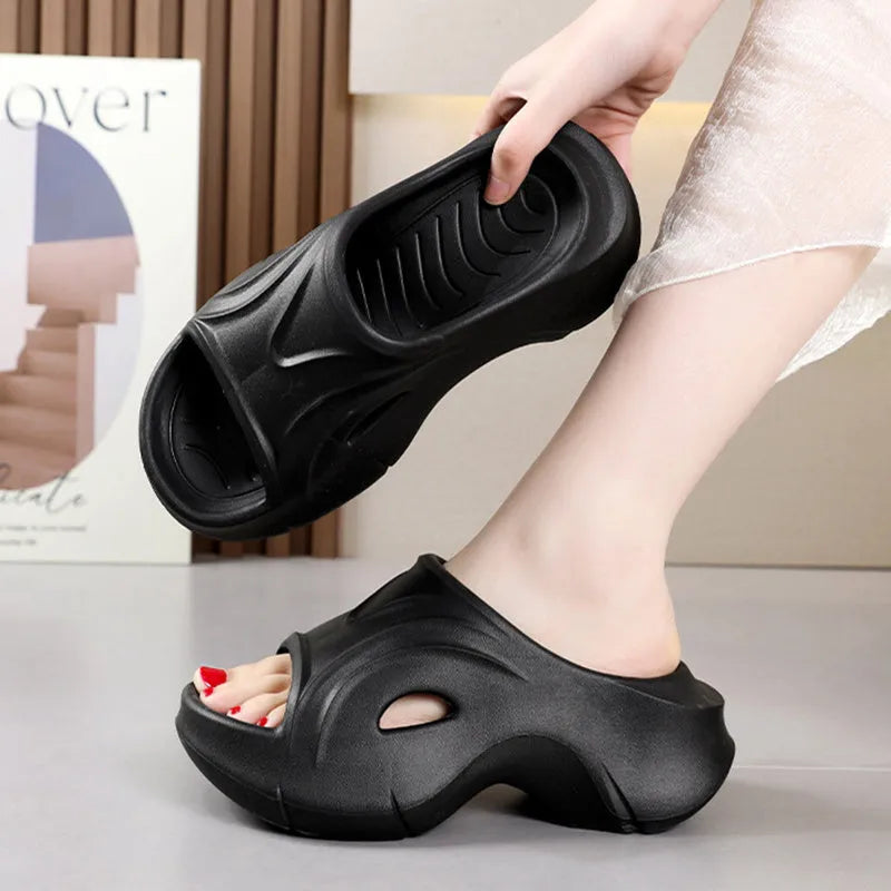 Women's thick-soled EVA slippers in white, black, or rose red with round toe design
