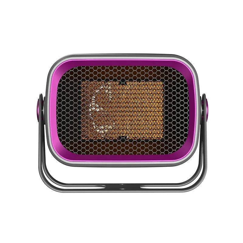 Compact white desktop ceramic heater showing rotatable base and control buttons.