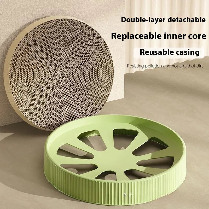 Green round cat scratching board with corrugated paper surface measuring 55cm diameter