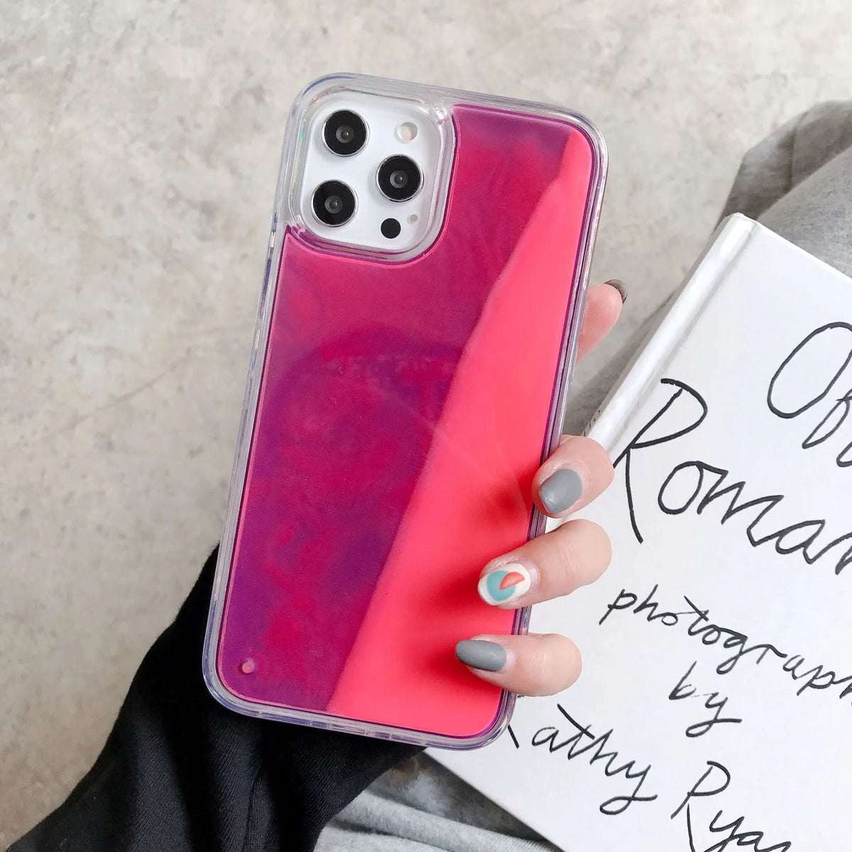 Luminous quicksand glitter phone case for iPhone, TPU rear cover, available in multiple colours.