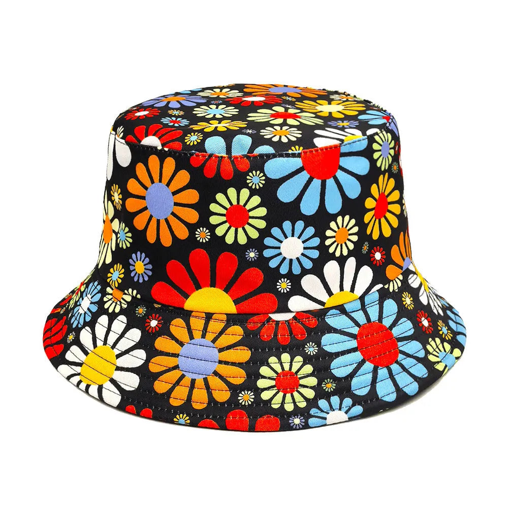 Colourful floral print polyester bucket sun hat with a dome crown, size M.