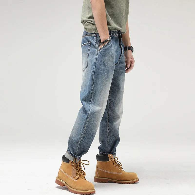 Men's retro blue jeans, loose straight-leg cut, 100% cotton denim, middle waist, nine-pants length.