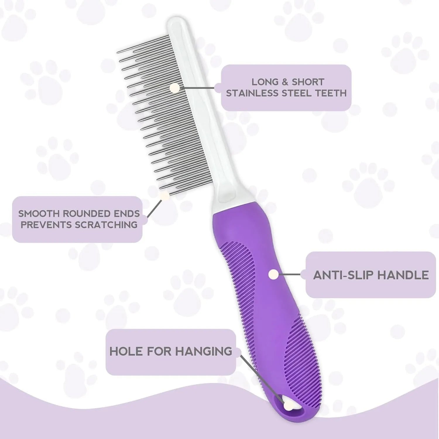 Purple pet grooming comb with stainless steel teeth on an ergonomic handle.
