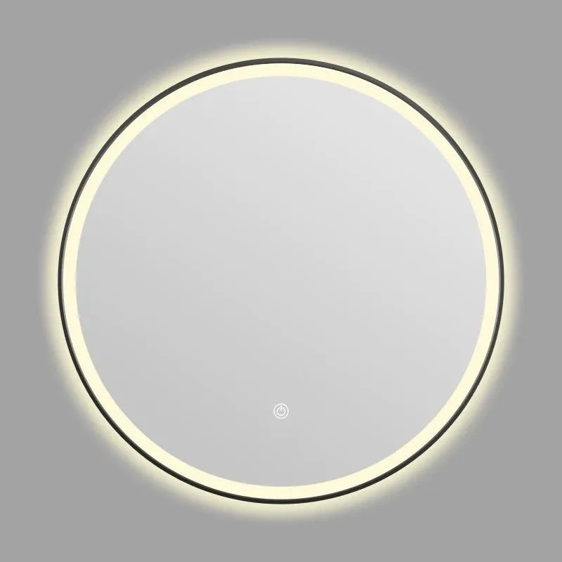 Round wall-mounted LED bathroom makeup mirror with a black aluminum alloy frame.