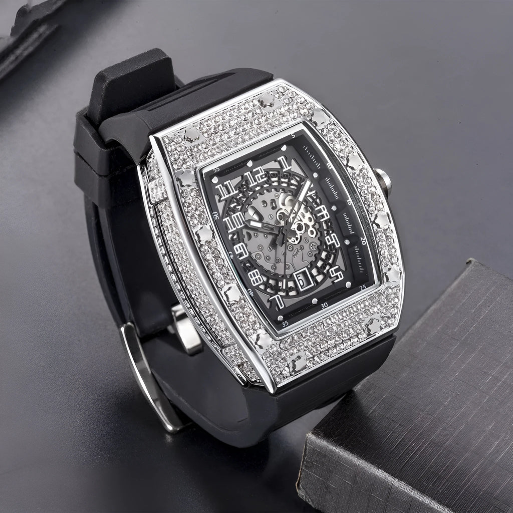 Men's tonneau quartz watch with full diamond silicone band, 50mm barrel dial, metal case, and pin buckle