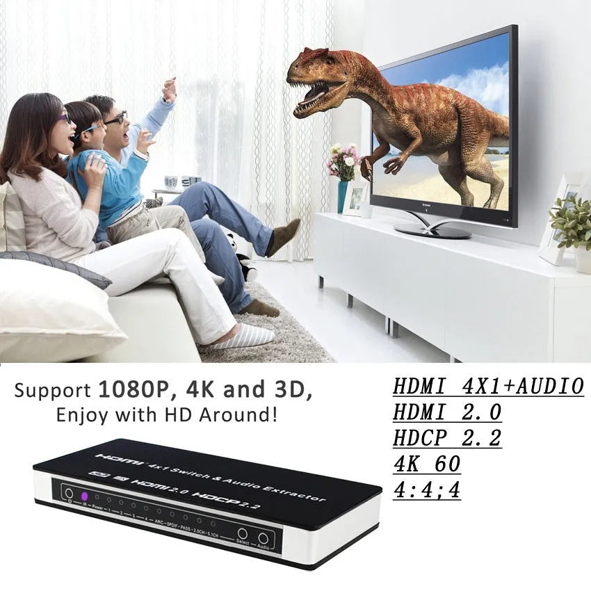 Black HDMI audio-video switch with 4 input ports and 1 output port, remote control included