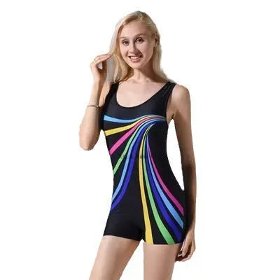 Adult women's black and blue quick-dry polyester one-piece swimsuit on a mannequin