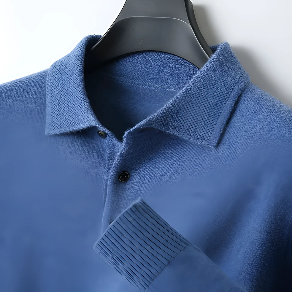 Men's woollen polo collar pullover sweater in assorted colours on a size chart background.