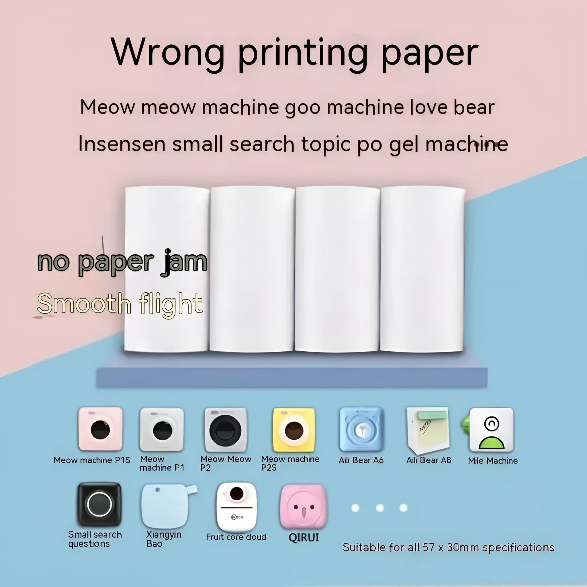 57x30 thermosensitive printing paper rolls for incorrect printers in pink, yellow and blue colours