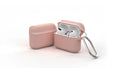 Beige silicone clamshell case for Apple AirPods with a metal buckle clasp, shown open.
