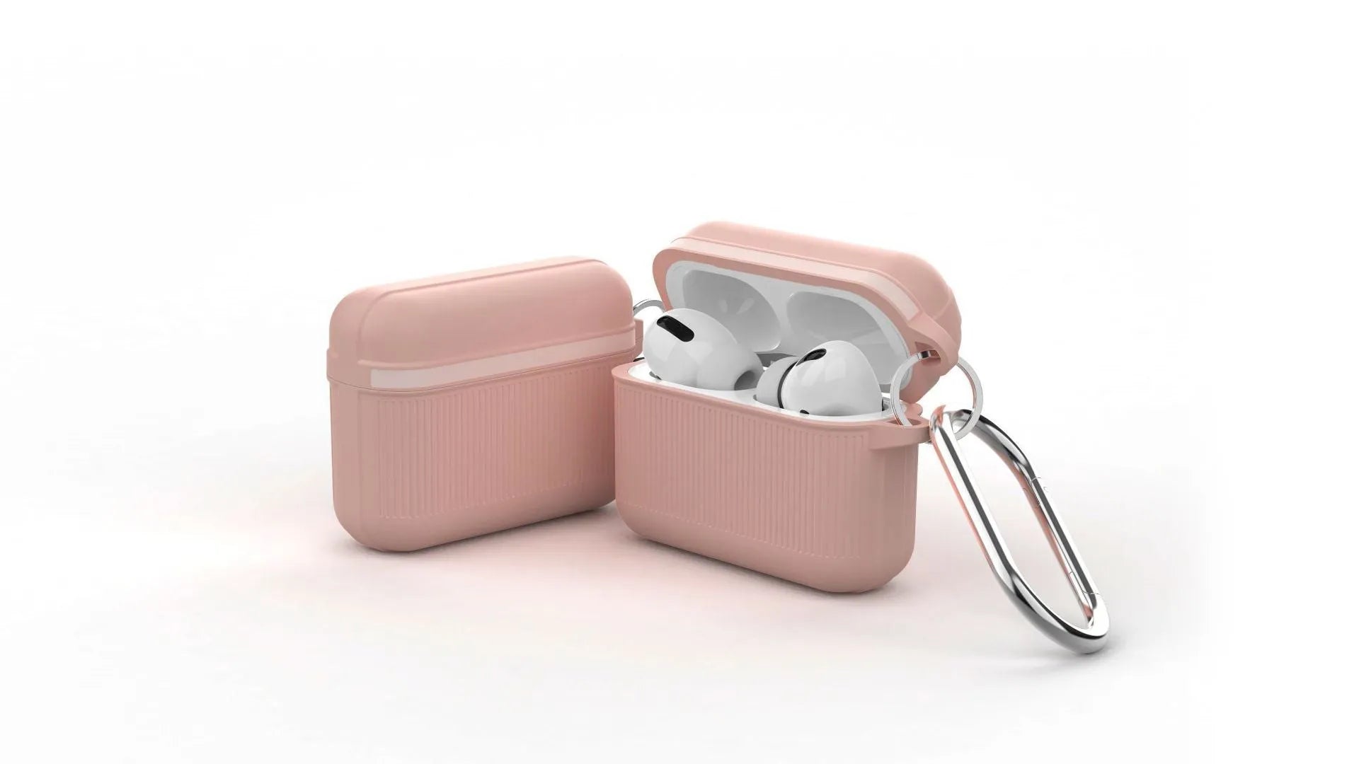 Beige silicone clamshell case for Apple AirPods with a metal buckle clasp, shown open.