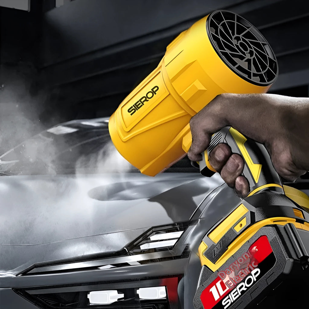 21V lithium turbo dusting machine with battery, charger, and sections in plastic box