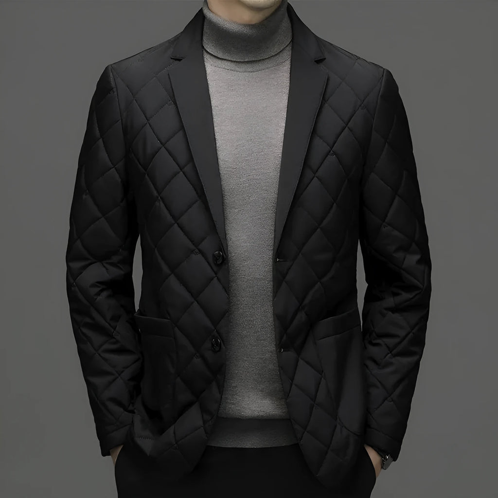 Men's black thick lapel down jacket shown on a model, featuring side seam pockets.