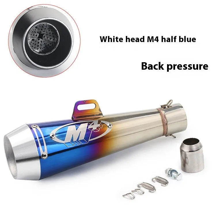 Universal M4 motorcycle exhaust pipe in multiple finish options including black, white steel, titanium and blue