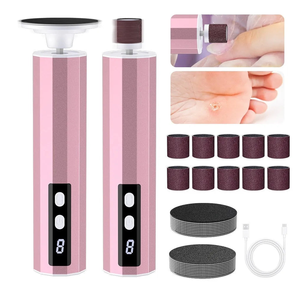 Exfoliating foot file and nail trimmer kit with sandpaper wheels in pink colour option