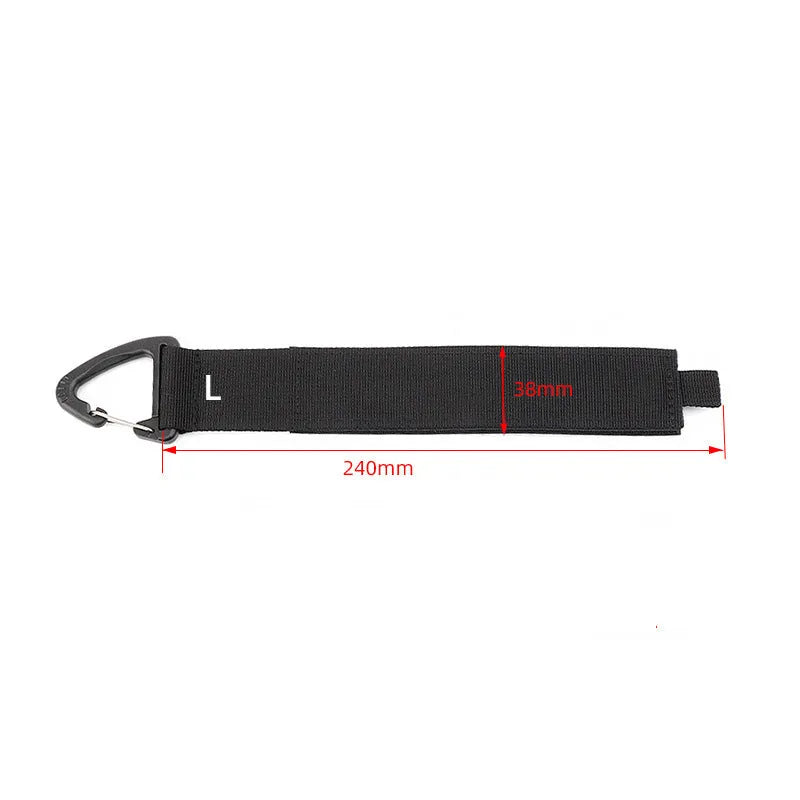 Black heavy-duty storage strap with carabiner hook in three sizes for garage workshop and outdoor use.