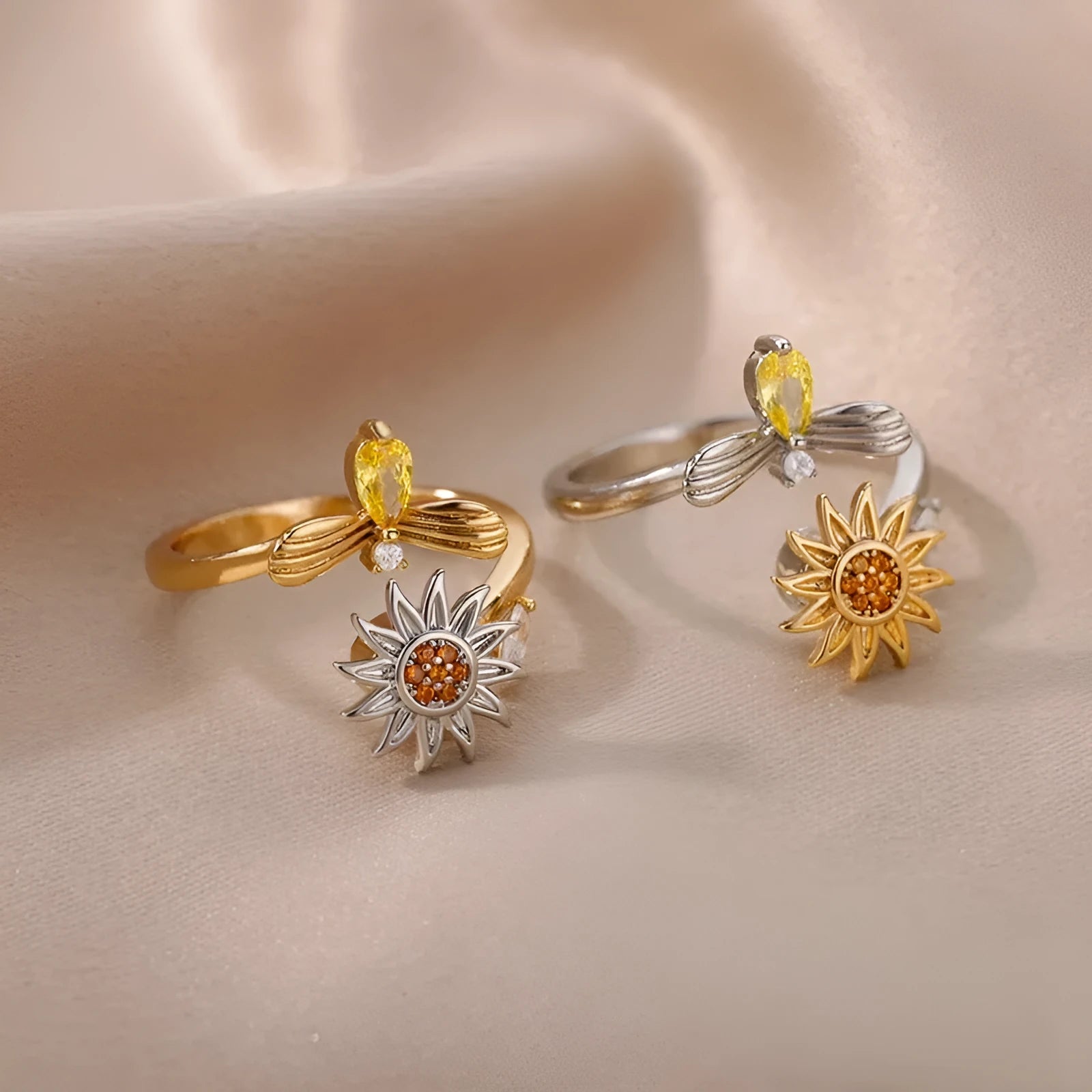 Gold and platinum coloured adjustable copper decompression ring with geometric rotatable design