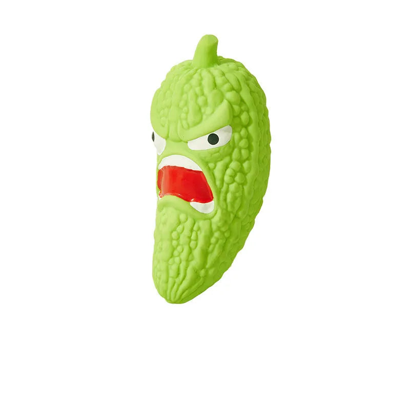 Bitter melon and chilli shaped dog chew toys with textured surfaces for teeth cleaning