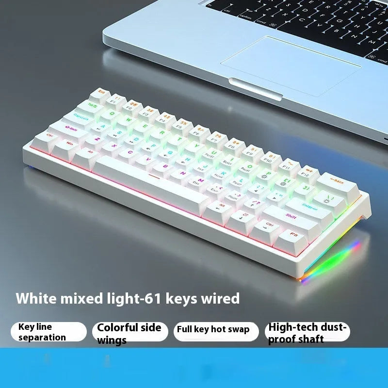 61-key bluish-black and white mechanical keyboard with hot-swap switches on desk