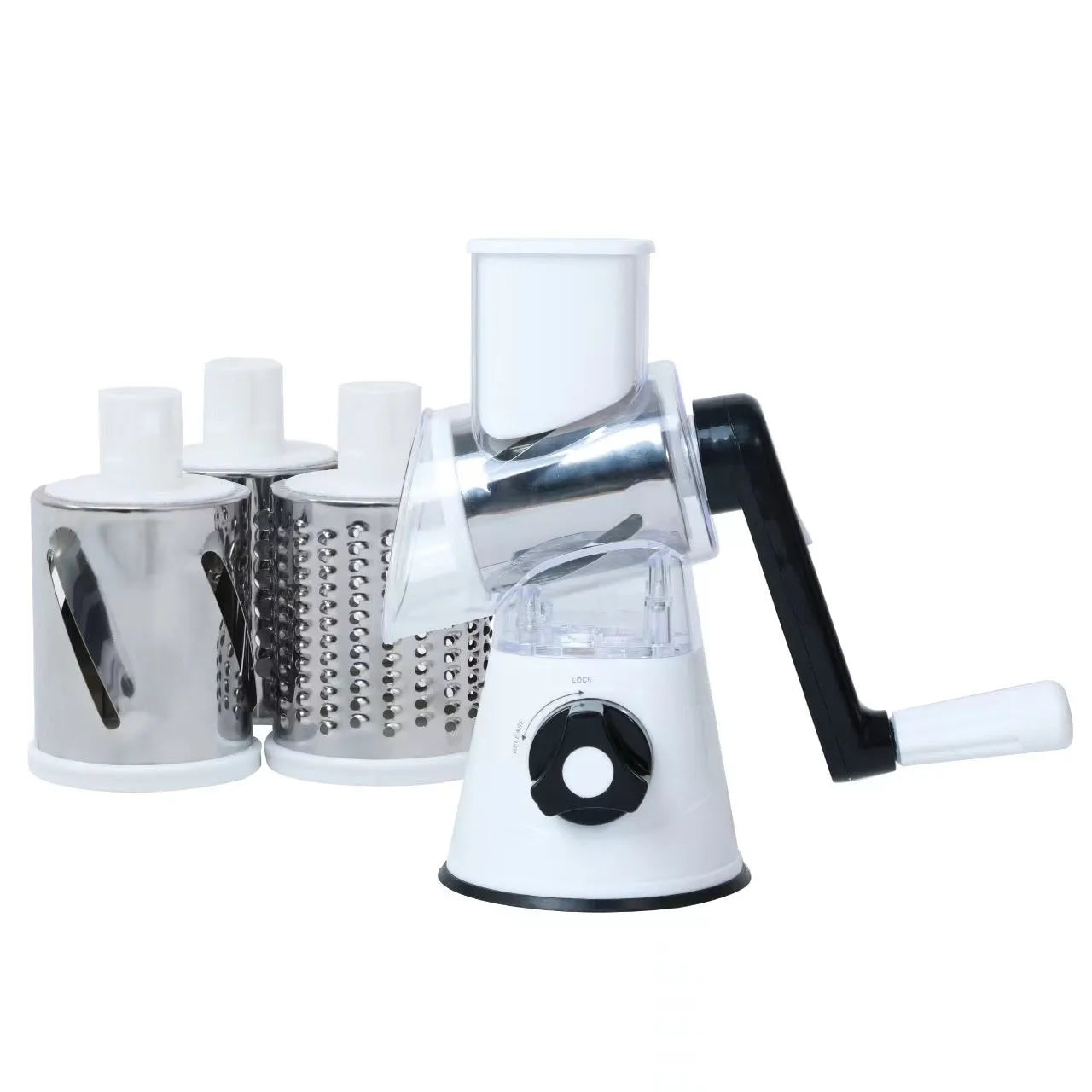 Blue multi-function food chopper with suction cup base for slicing, grating and shredding vegetables.