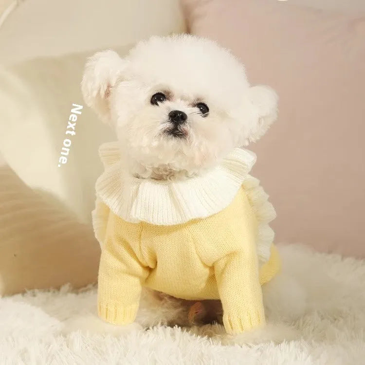 Yellow XingX pattern and Fairy Dress pattern acrylic dog sweaters for small breeds in autumn.