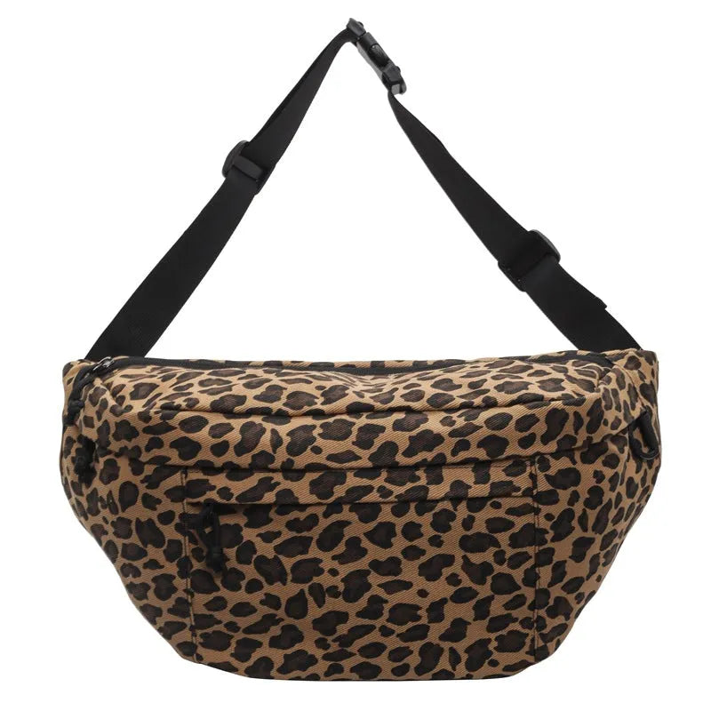 Retro leopard print canvas chest bag with patchwork, soft body, and internal phone pocket for daily matching.