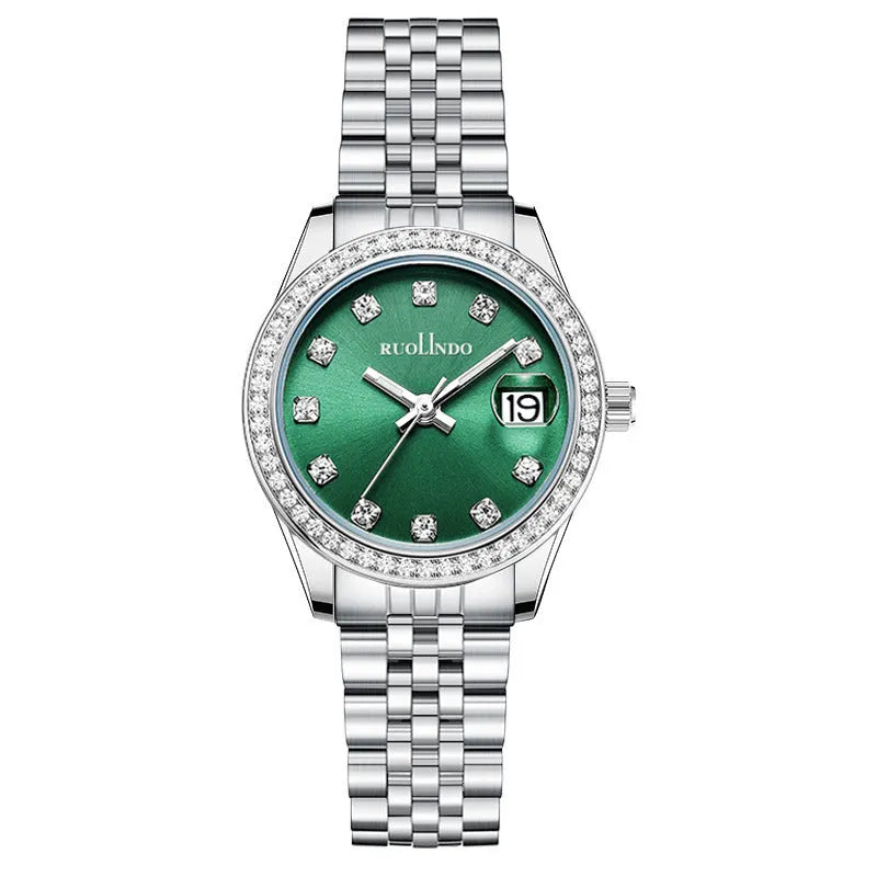 Women's silver quartz watch with 32mm alloy case and stainless steel buckle