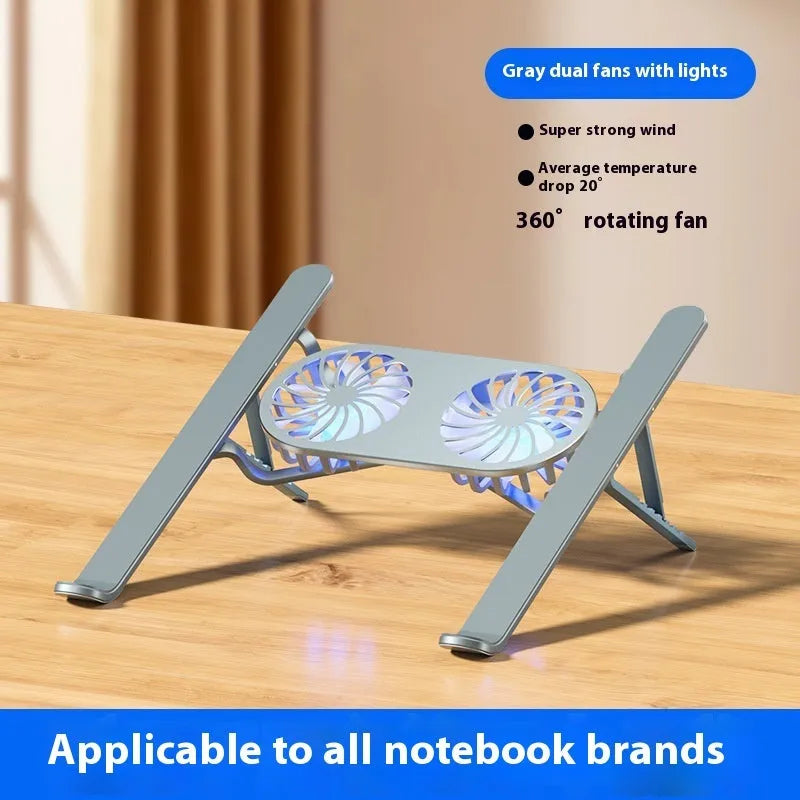 Silver aluminium laptop stand with twin blue LED cooling fans in a folded position next to its cloth carry bag.