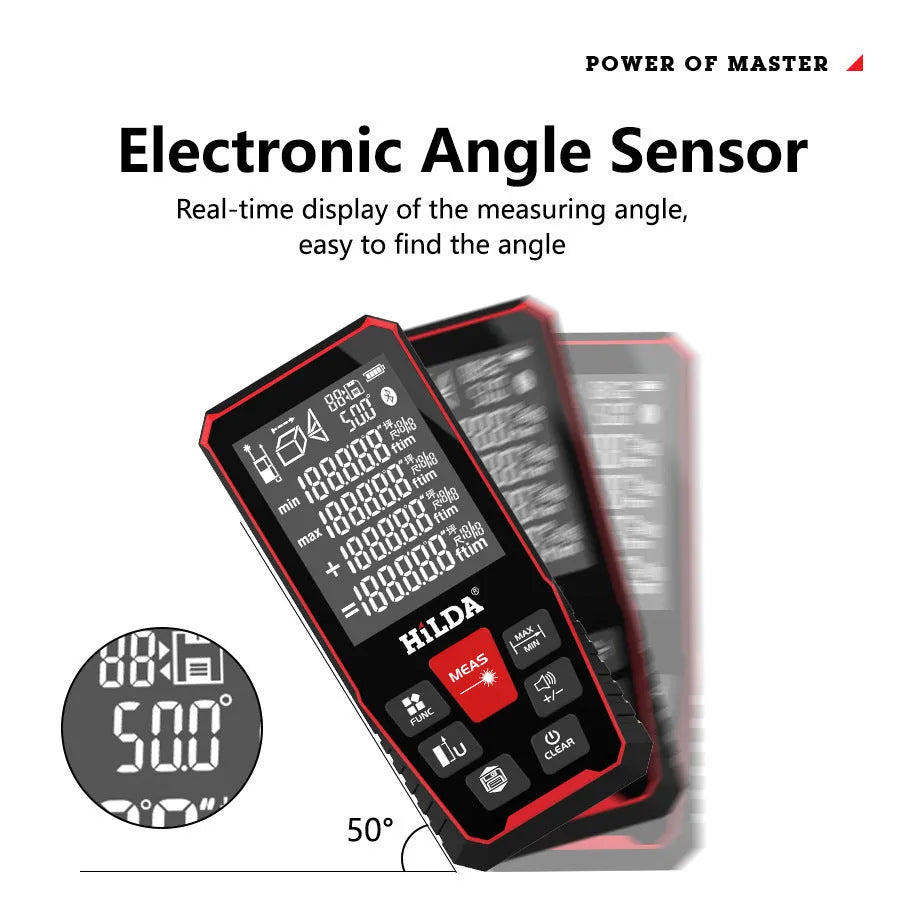 Plastic laser rangefinder device for measuring distances up to 120 metres.